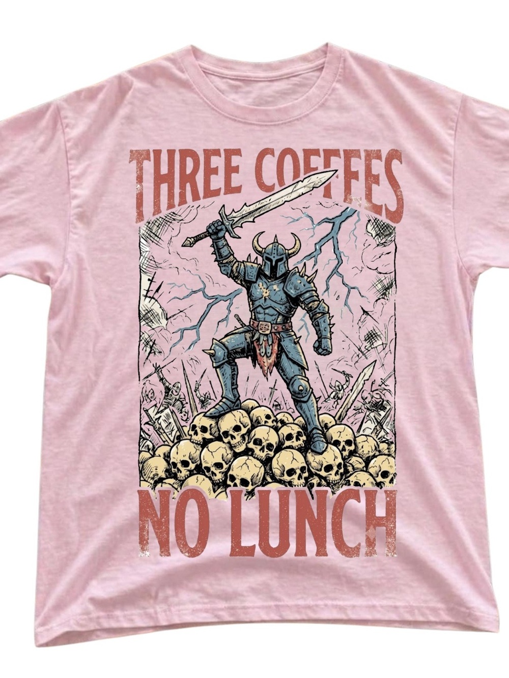 Pink Graphic Tee with Blue Knight and Yellow Skulls, Gift For Him, For Her